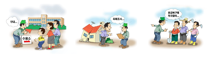 재해를 입은마을에서는 안내 수용소 피해조사 응급복구에 적극참여