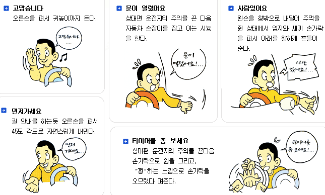 1)고맙습니다:오른손을 펴서 귀높이까지 든다. 2)문이 열렸어요:상대편 운전자의 주의를 끈 다음 자동차 손잡이를 잡고 여는 시늉을 한다. 3)사람있어요:왼손을 창밖으로 내밀어 주먹을 쥔 상태에서 엄지와 새끼 손가락을 펴서 아래를 향하게 흔들어 준다. 4)먼저가세요:길 안내를 하는듯 오른손을 펴서 45도 각도로 자연스럽게 내민다. 5)타이어를 좀 보세요:상대편 운전자의 주의를 끈다음 손가락으로 원을 그리고, 펑-하는 느낌으로 손가락을 오므렸다 펴준다.